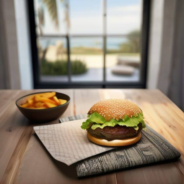 Delicious burger with fries on a wooden table overlooking the ocean.