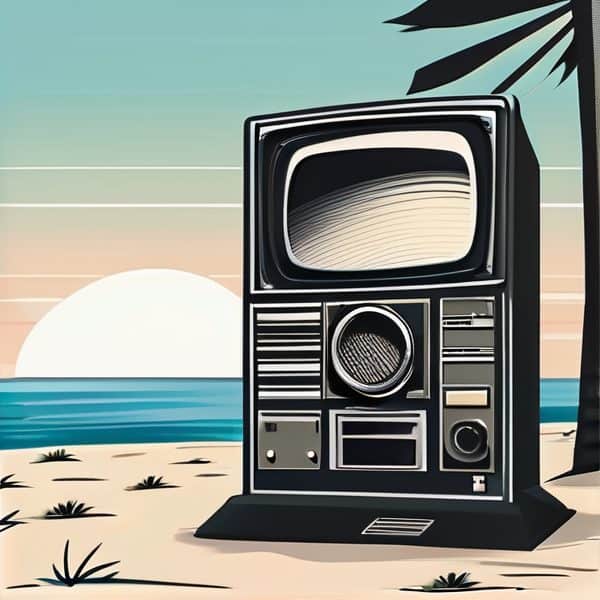 Retro television set on sandy beach with sunset background.