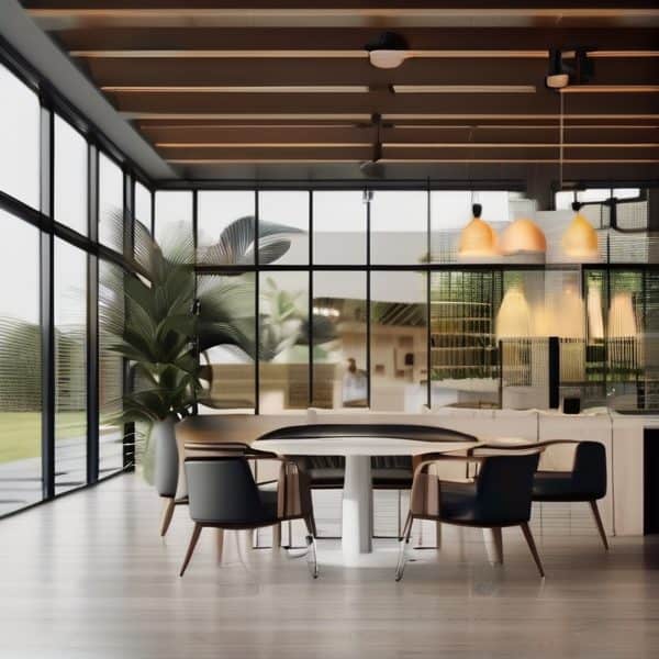 Bright, contemporary office space with large windows and comfortable seating arrangements.