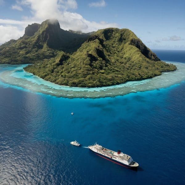 Scenic aerial view of a tropical island featuring lush green mountains and surrounding turquoise wat.