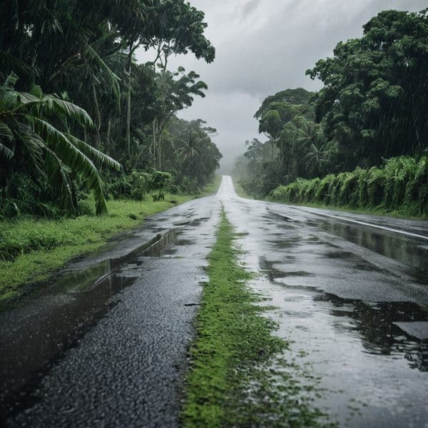 Rain-soaked tropical rainforest road in Fiji with lush greenery and wet pavement.