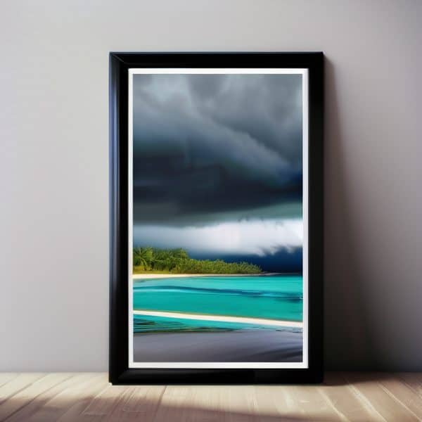 Stormy weather over tropical ocean landscape.