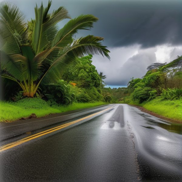 Road in Fiji with lush greenery and dark storm clouds overhead.
