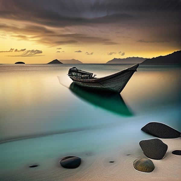 Boat floating on tranquil sea during sunset with dramatic sky.