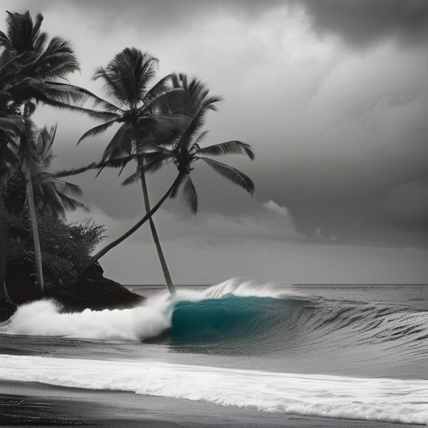 Beach with palm trees and ocean waves during cloudy weather.