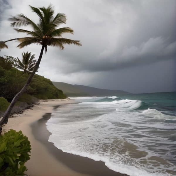 Tropical beach scene with palm trees and stormy weather over the ocean.