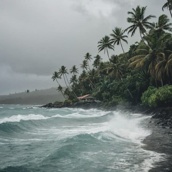 Beach with palm trees and stormy weather in Fiji.