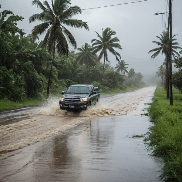 Car driving through flooded road during heavy rain in Fiji.