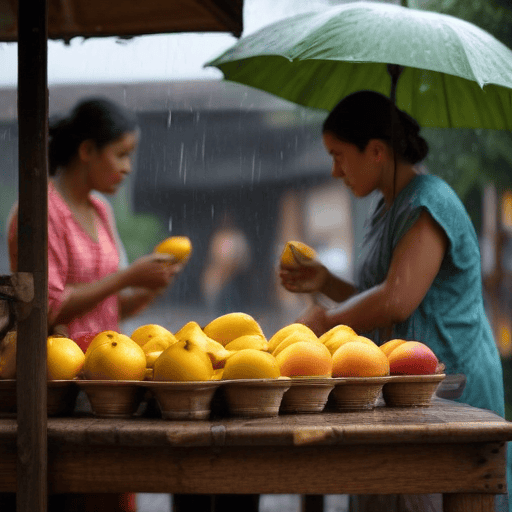 Illustration of Rain or shine, Western women brave weather to sell mangoes