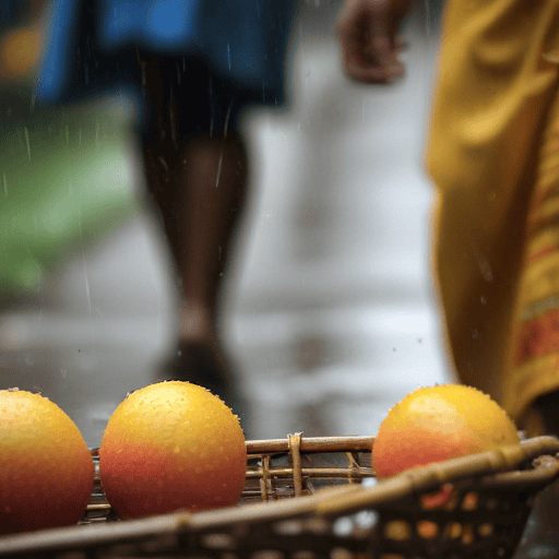 Illustration of Rain or shine, Western women brave weather to sell mangoes