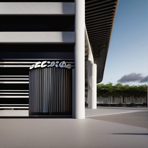 Modern architectural building with sleek design and vertical lines.