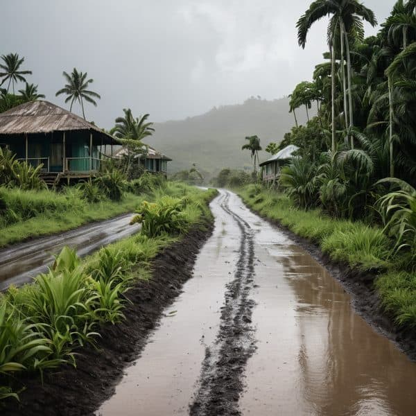 Rural road in Fiji after heavy rain, surrounded by lush greenery and traditional houses.