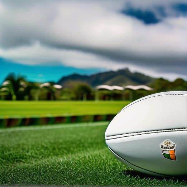 Rugby ball resting on a lush green field with a scenic mountain backdrop.