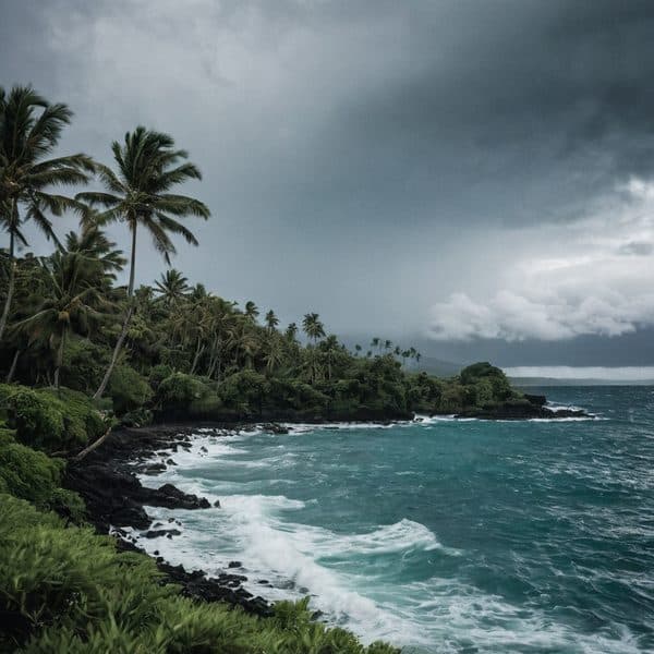 Stormy weather over lush tropical coastline with palm trees and ocean waves.