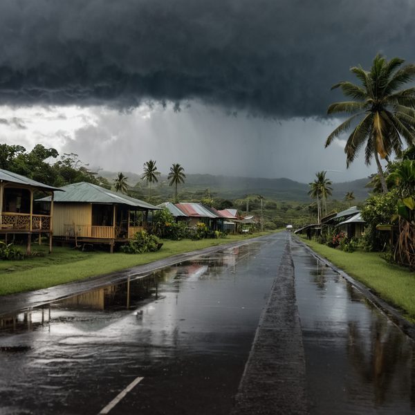 Stormy weather over a rural village in Fiji with dark clouds and heavy rain.