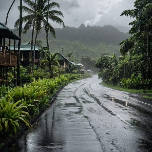 Rainy tropical village street with lush greenery and traditional houses during a storm.