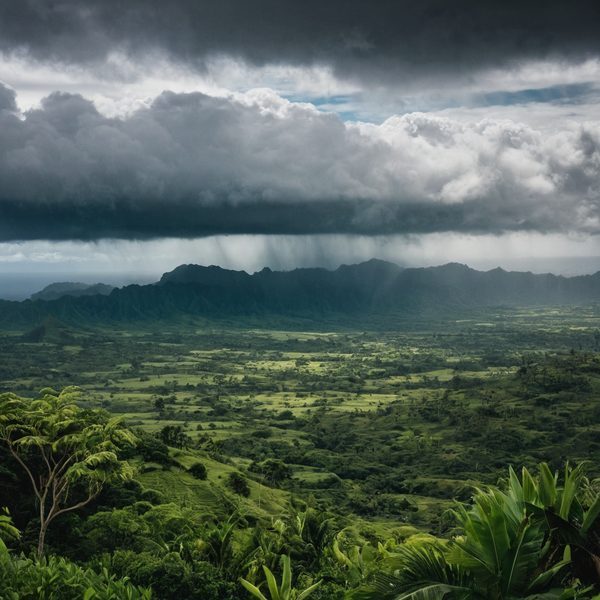 Dark rain clouds over lush green Fijian landscape with mountains in the background.