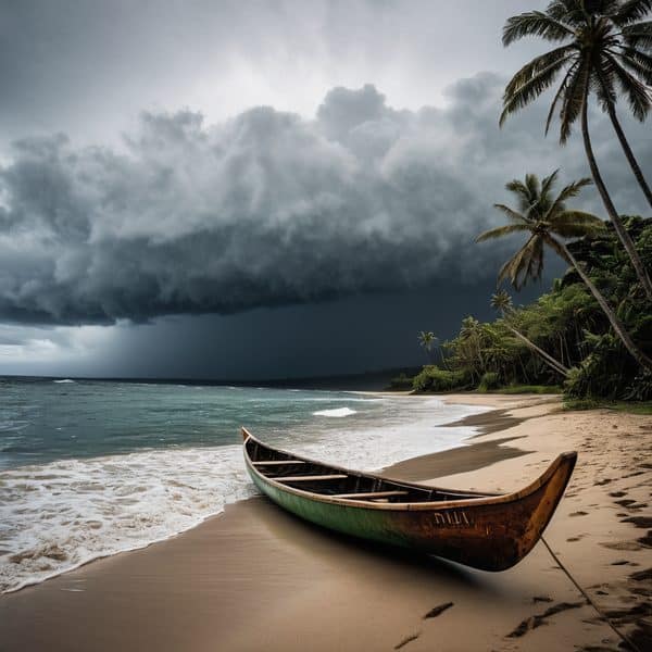 Stormy weather over tropical beach with boat on sand.
