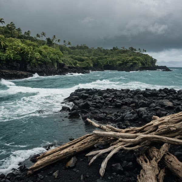 Coastal landscape in Fiji featuring rocky shores, driftwood, lush greenery, and stormy skies over th.