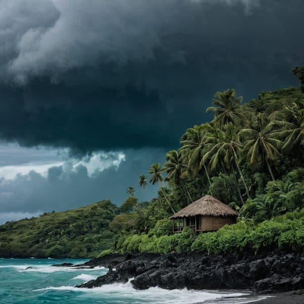 Tropical beach scene with dark storm clouds over lush greenery and a thatched hut on the coast.