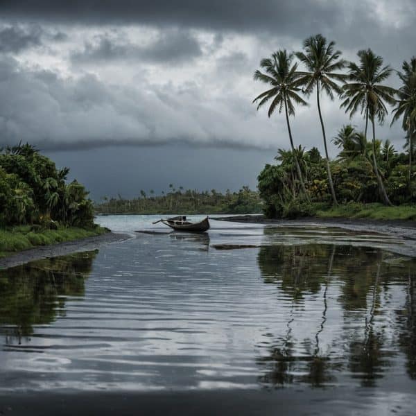 Scenic view of a tropical river surrounded by lush greenery and tall palm trees under a dark, stormy.