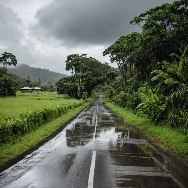 Rainy tropical road surrounded by lush greenery and tall trees in Fiji.