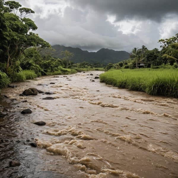 Flooded river in lush tropical landscape with storm clouds, heavy rain, and dense greenery.