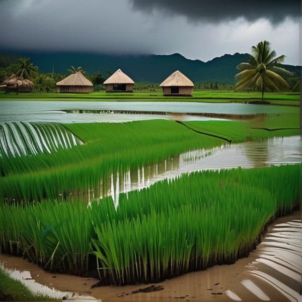 Fiji rice paddies with traditional huts and lush greenery during stormy weather.