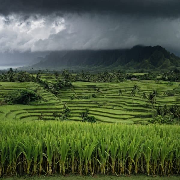 Rice paddies in Fiji under dark storm clouds, showcasing lush green fields and mountainous landscape.