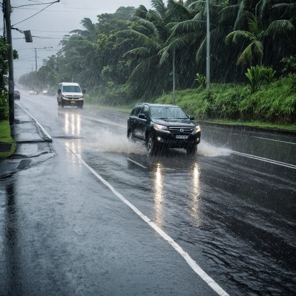 Rainy weather impacts traffic flow on a wet road in Fiji.