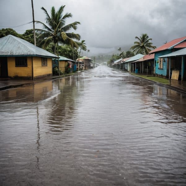 Flooded street in a tropical village during heavy rain, with palm trees and colorful houses.