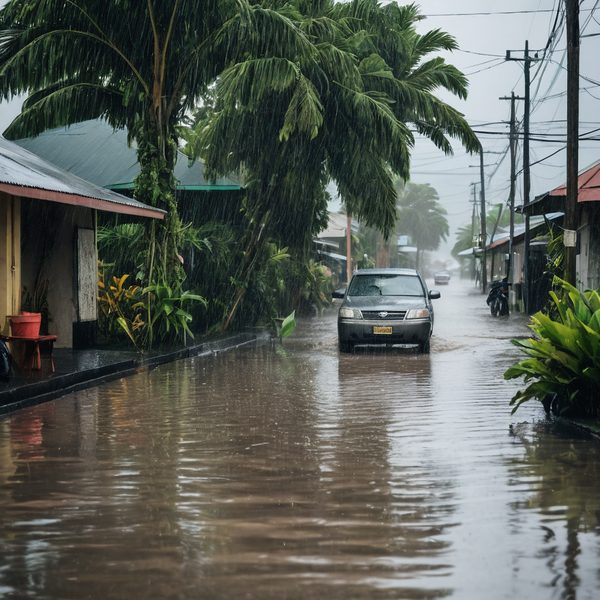 Flooded street in Fiji during heavy rain, with cars and tropical vegetation.