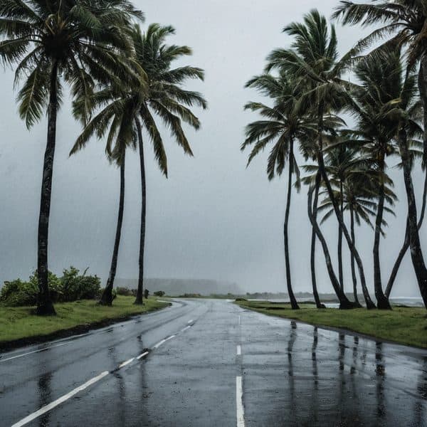 Rainstorm on coastal road with palm trees in Fiji, overcast sky, wet pavement, tropical weather.