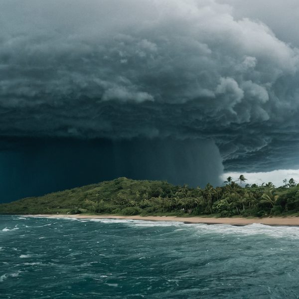 Approaching tropical storm over Fiji with dark clouds and heavy rain.