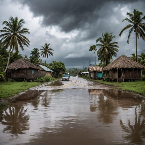 Stormy weather over a rural Fijian village with traditional huts and palm trees.