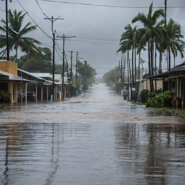 Flooded street in a tropical town with palm trees and power lines during heavy rain.