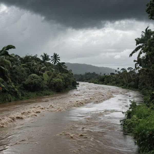 Flooded river with muddy water flowing rapidly amid stormy weather in Fiji.