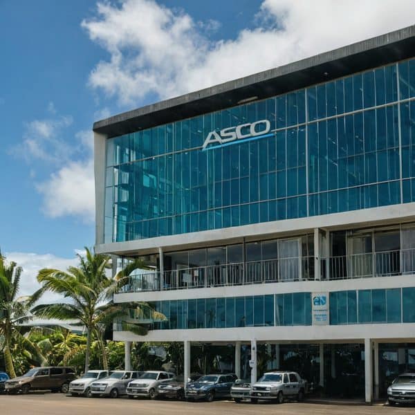 Modern ASCO office building with glass facade in Fiji.