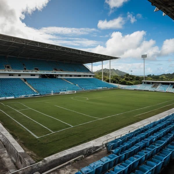Fiji National Stadium soccer field with lush green grass and blue seating.