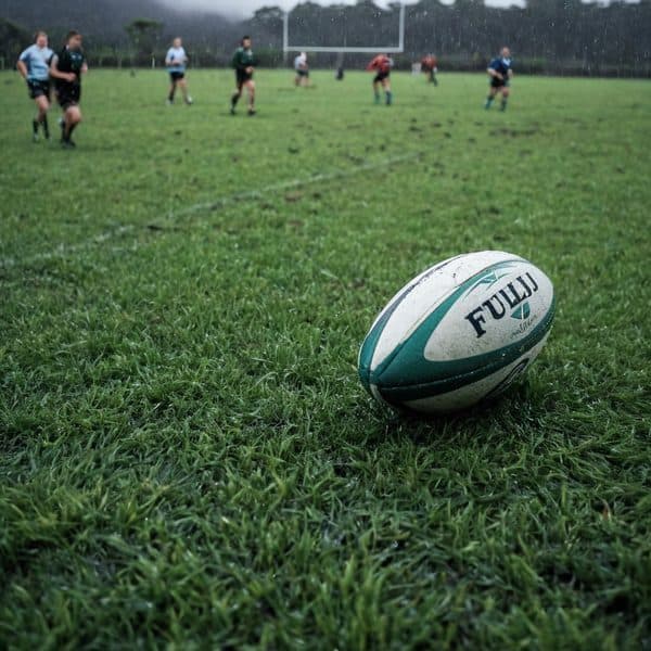 Rugby ball on wet grass with players practicing in the background during rainy weather.