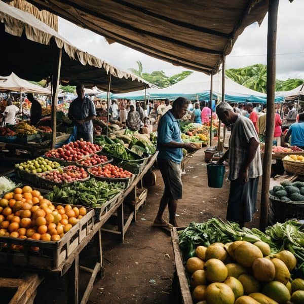 Local farmers selling fresh fruits and vegetables at a Fiji market.