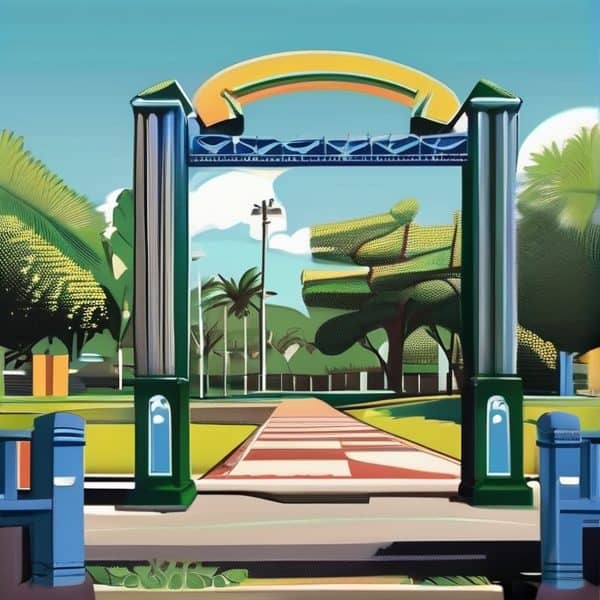 Fiji park entrance with lush greenery and modern design.