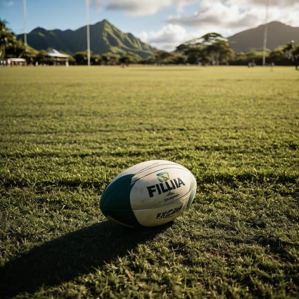 Fiji rugby field with mountain backdrop and rugby ball in foreground.
