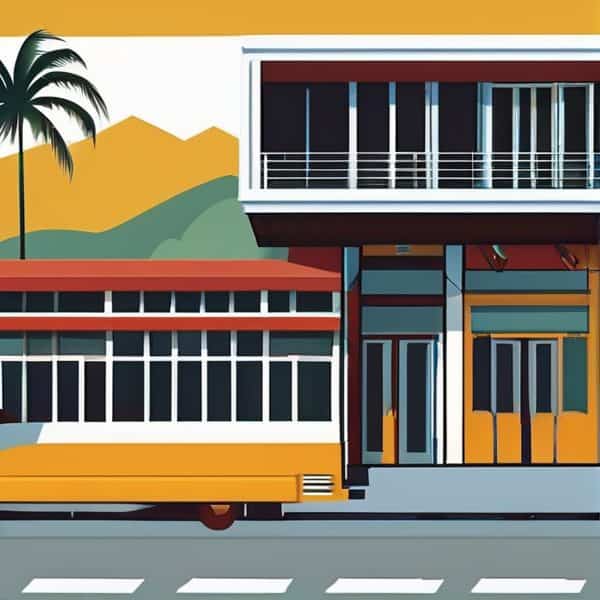 A stylized illustration of a modern building with vibrant colors and geometric design.