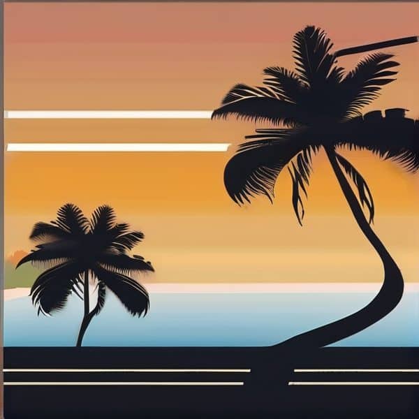 Sunset over the ocean with silhouetted palm trees and colorful sky.