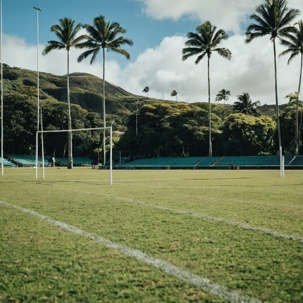 Rugby field in Fiji with lush greenery and tall palm trees under a partly cloudy sky.