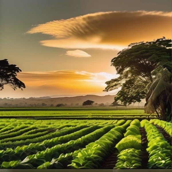 Lush green farmland at sunset in Fiji.