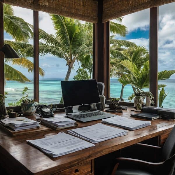 Office workspace overlooking tropical beach and palm trees.