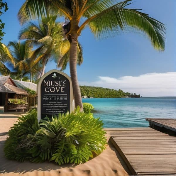 Niusik Cove sign with tropical palm trees and clear blue water at a beach resort.