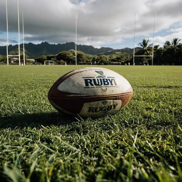 Rugby ball resting on a grassy field with goalposts and mountains in the background, ready for a gam.
